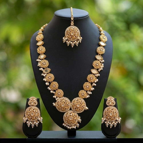 Antique Gold Kundan & Mirror Bridal Jewelry Set with Maang Tikka