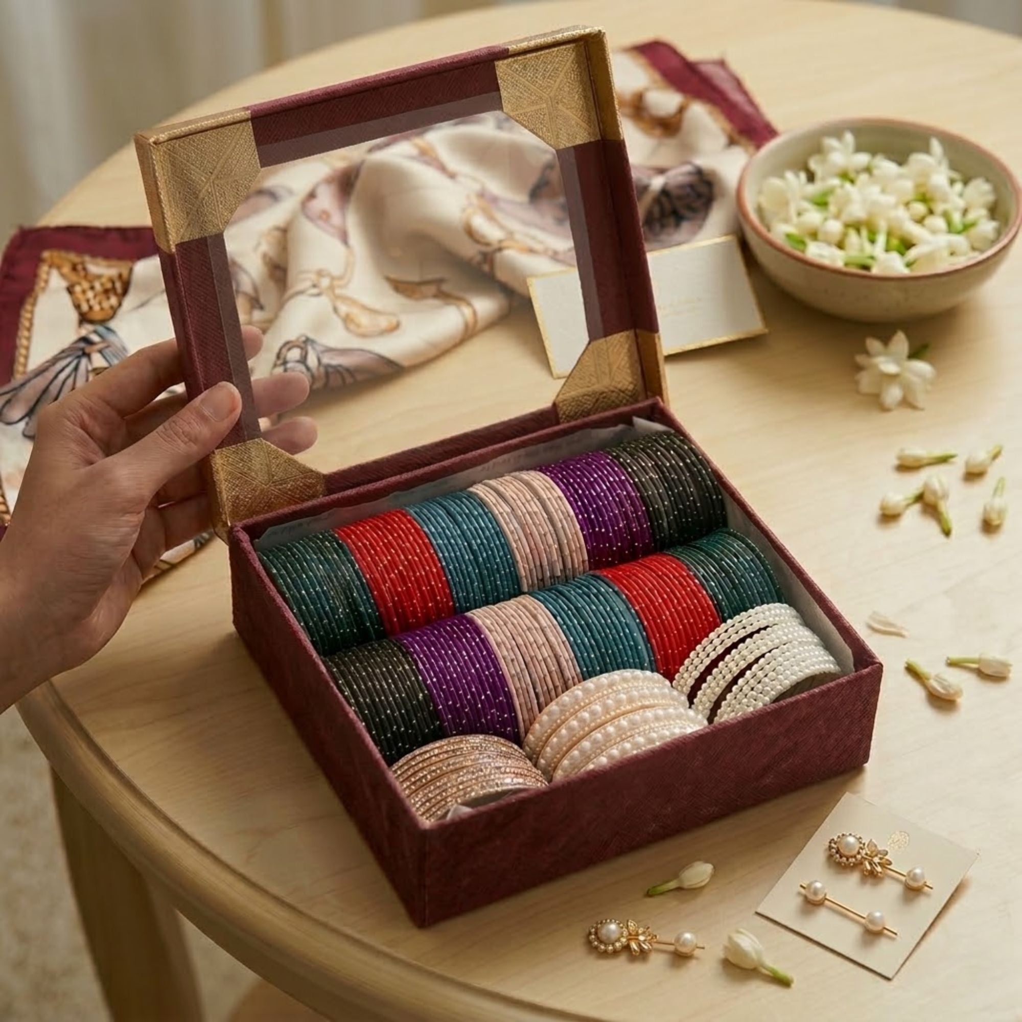 Multi-Color Velvet Pearl Bangle Set for Women – 2 Hands Combo Box