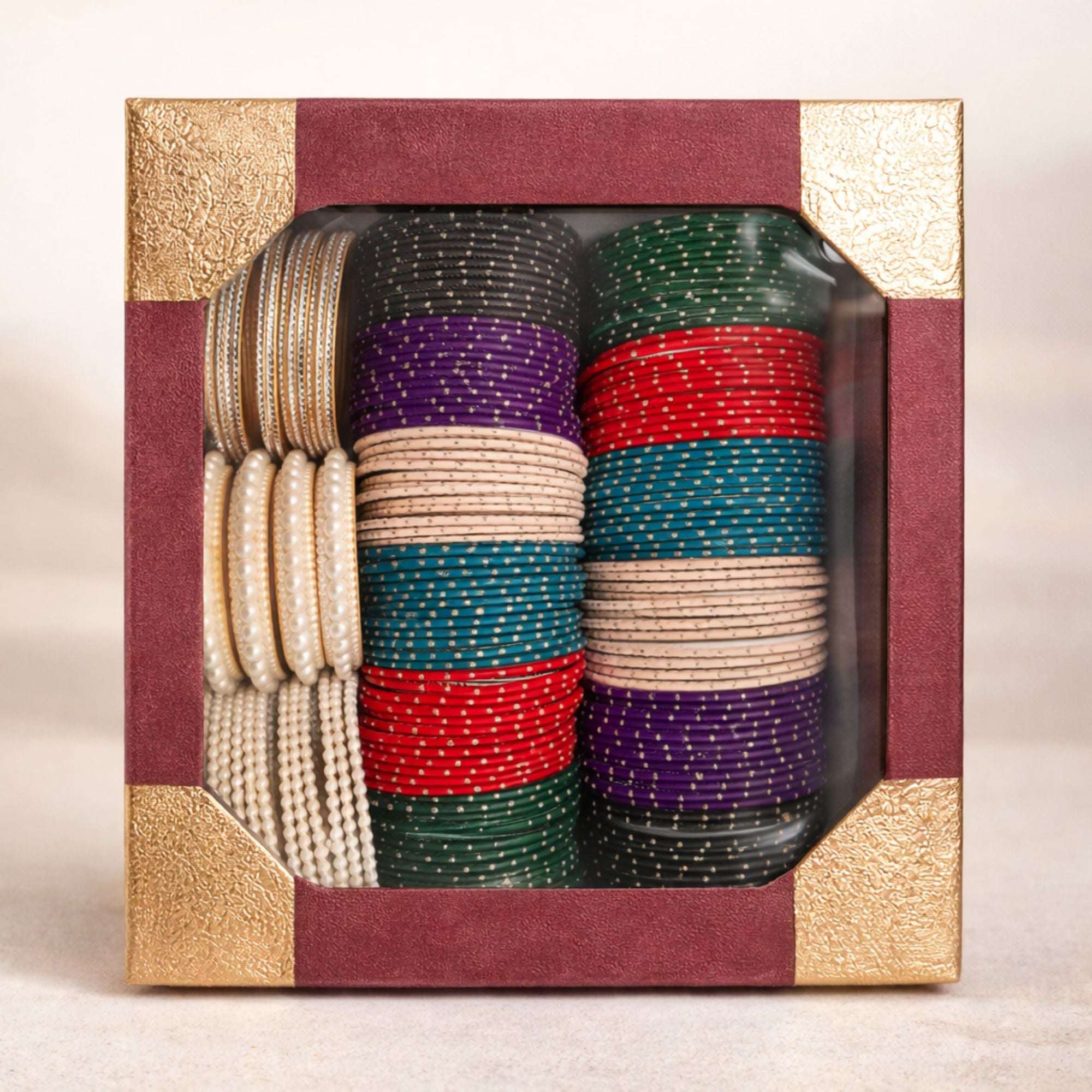 Multi-Color Velvet Pearl Bangle Set for Women – 2 Hands Combo Box
