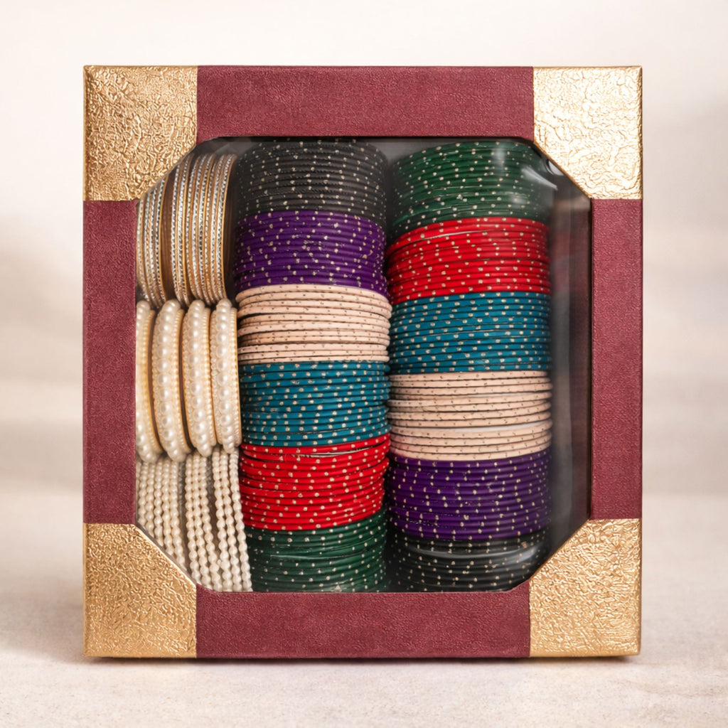 Multi-Color Velvet Pearl Bangle Set for Women – 2 Hands Combo Box