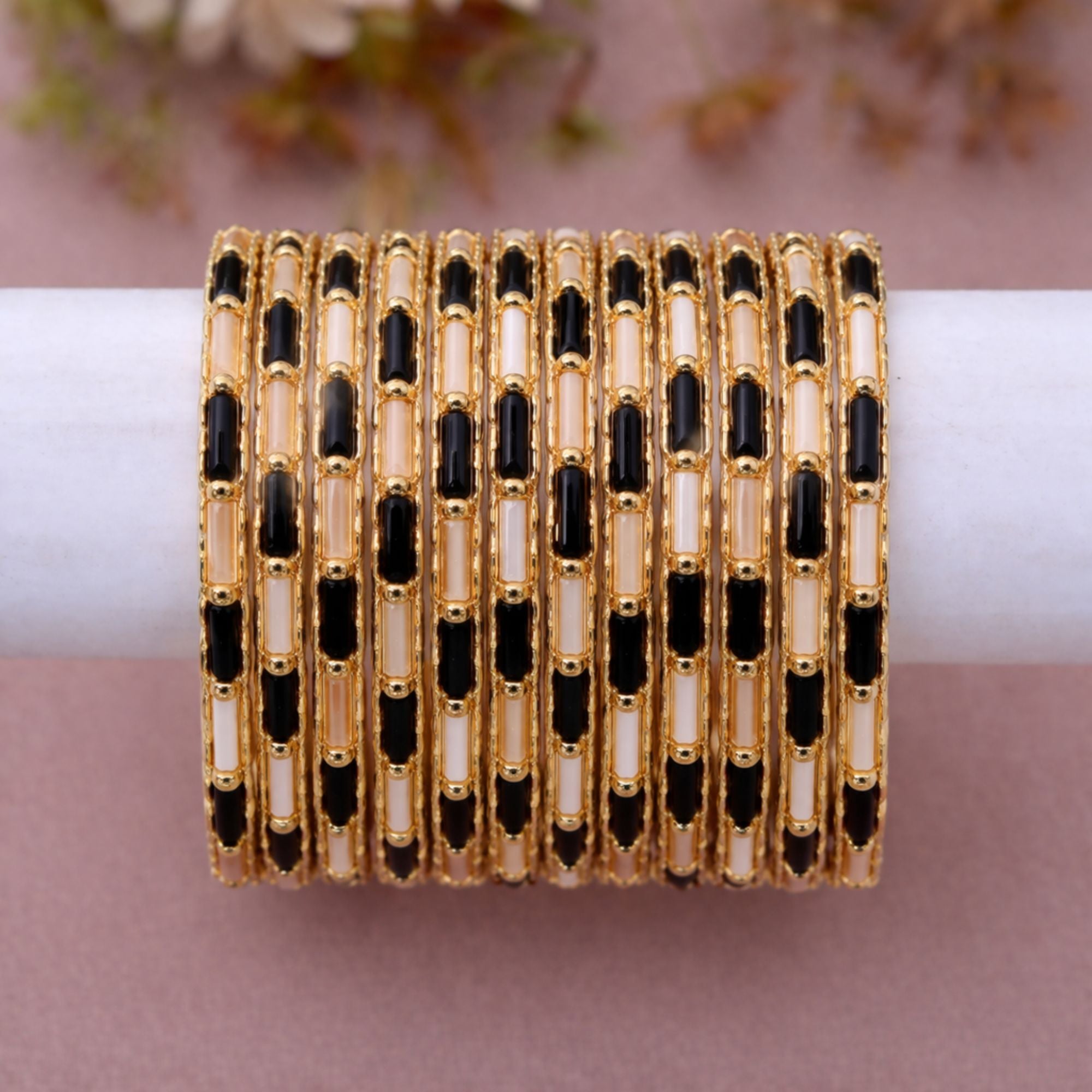 Classic Black & White Gold Bangles Set – 12 Pieces / 1 Dozen