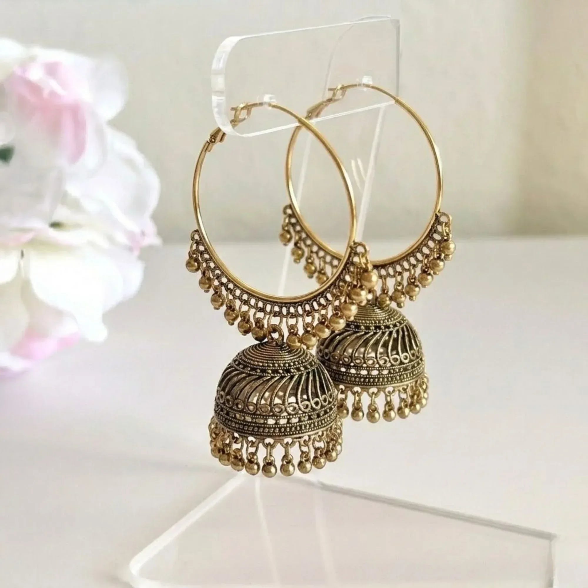 Gold Jhumkas – Traditional Hoop Earrings with Beaded Detailing