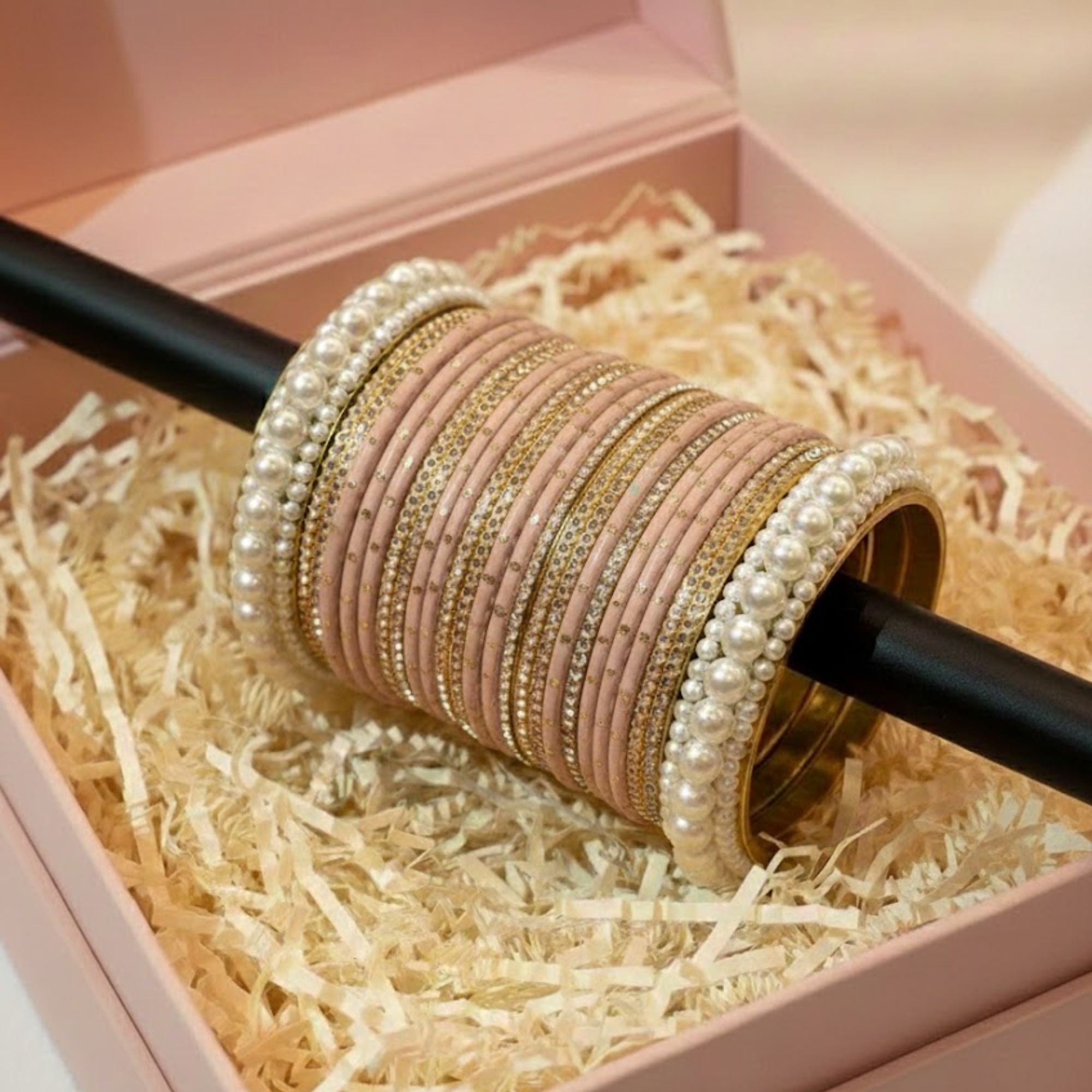 Royal Beige Velvet Pearl Bangles for Women - Elegant Bridal & Party Wear Chooriyan - Shahi Jewelz