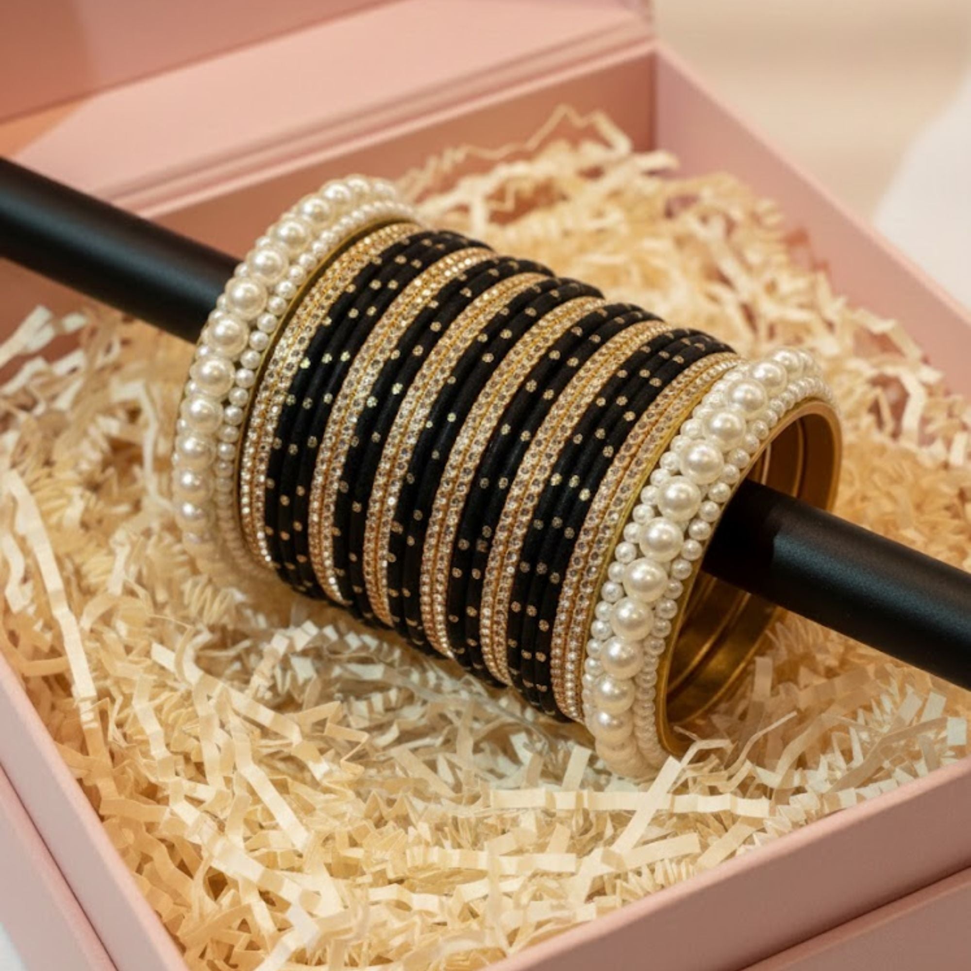 Royal Black Velvet Pearl Bangles for Women - Elegant Bridal & Party Wear Chooriyan - Shahi Jewelz