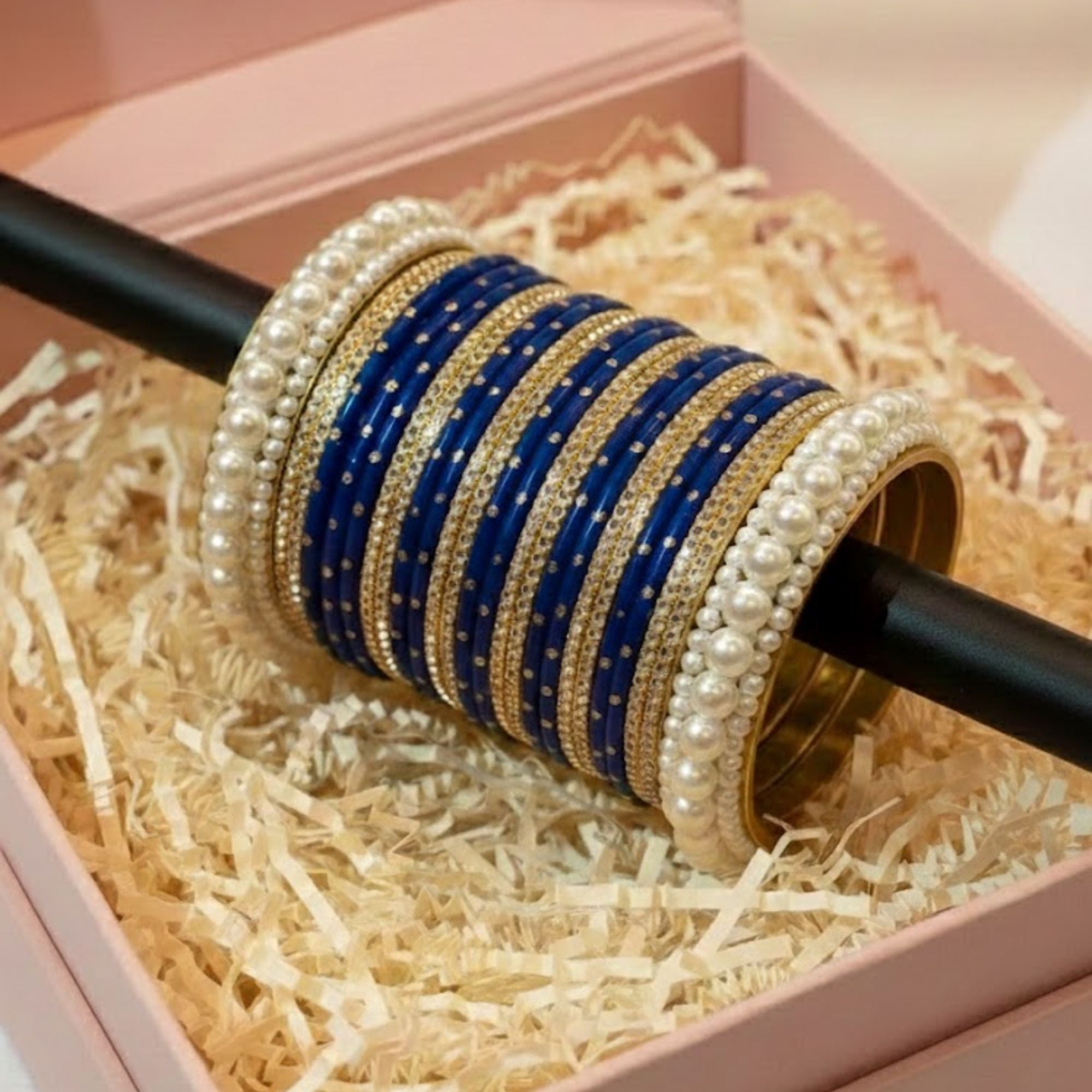 Royal Blue Velvet Pearl Bangles for Women - Elegant Bridal & Party Wear Chooriyan - Shahi Jewelz