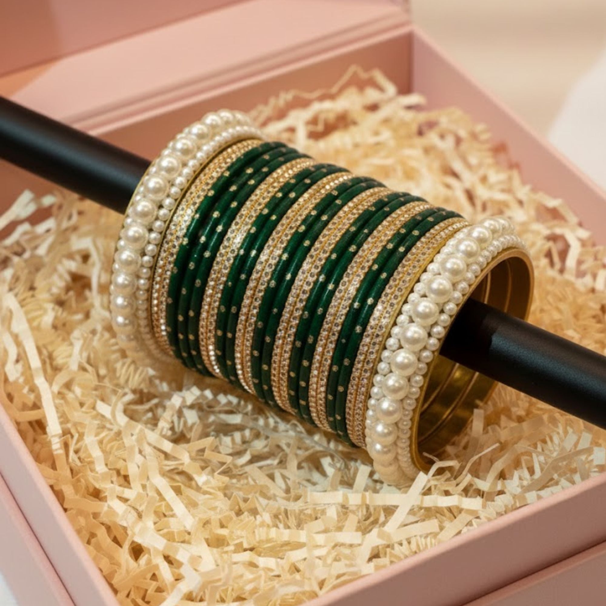 Royal Green Velvet Pearl Bangles for Women - Elegant Bridal & Party Wear Chooriyan - Shahi Jewelz