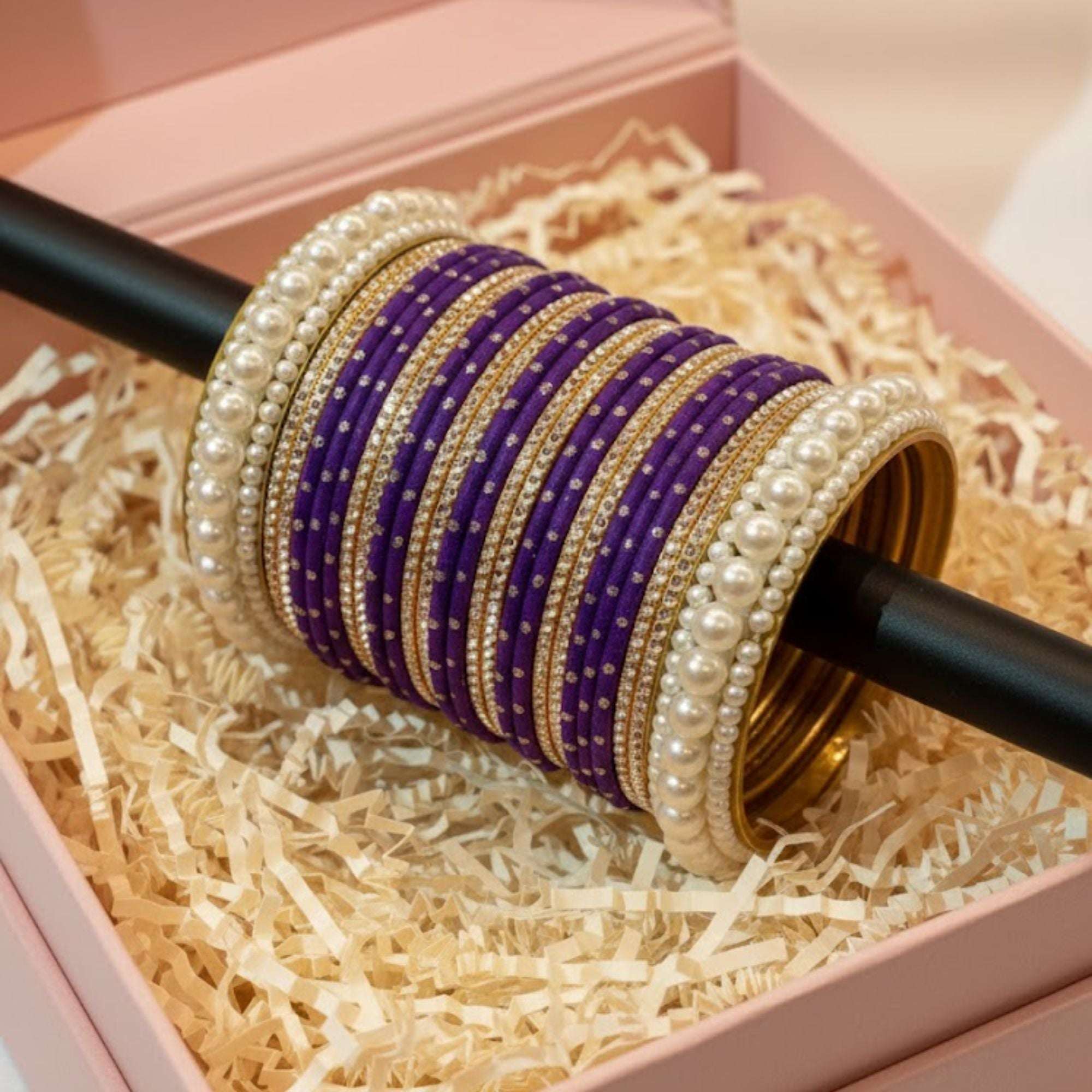 Velvet Pearl Bangles - Royal Purple Velvet Bangles for Women