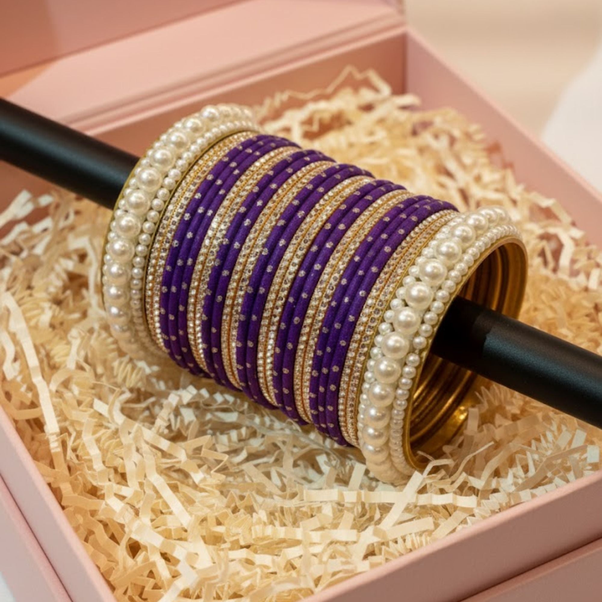 Royal Purple Velvet Pearl Bangles for Women - Elegant Bridal & Party Wear Chooriyan - Shahi Jewelz