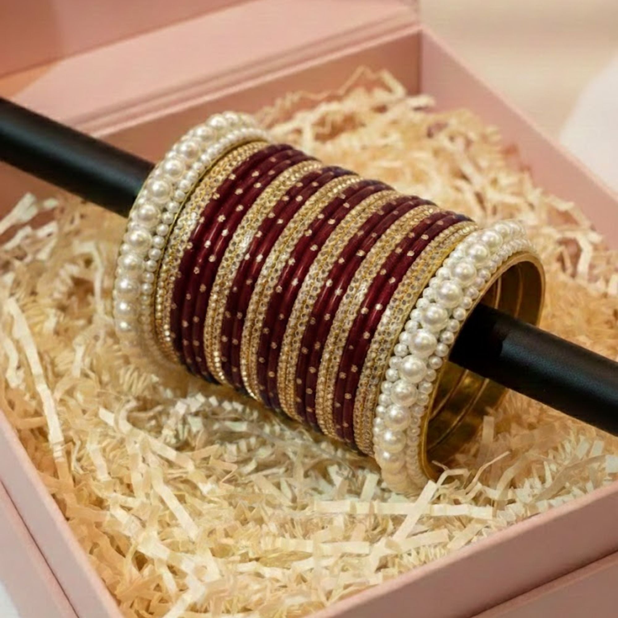 Royal Red Velvet Pearl Bangles for Women - Elegant Bridal & Party Wear Chooriyan - Shahi Jewelz