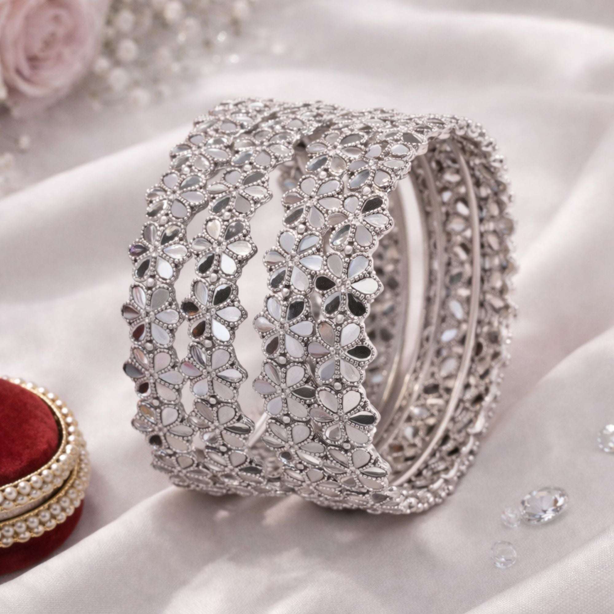 Silver Flower Inspired Bangles with Gemstones - 4pc
