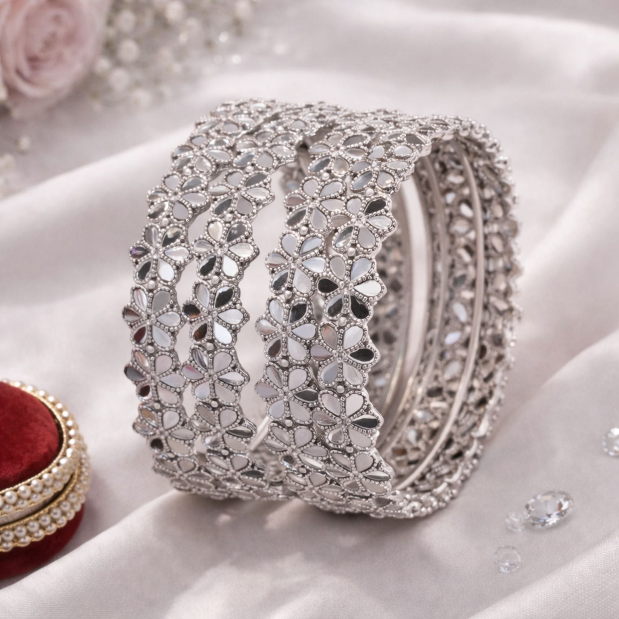 Silver Flower Inspired Bangles with Gemstones - 4pc