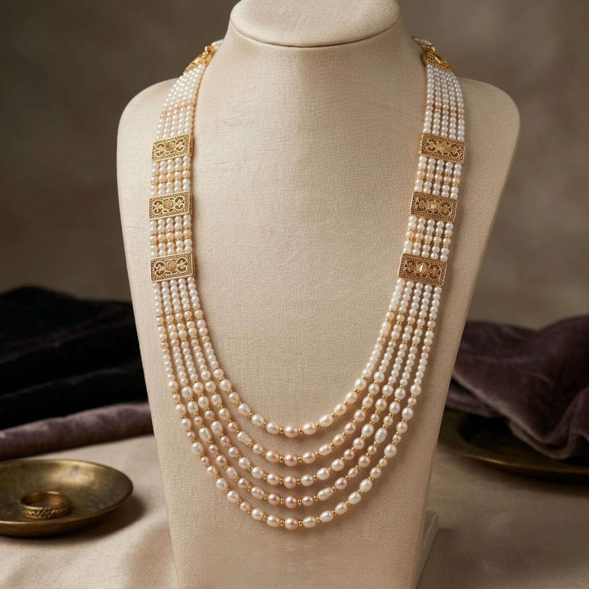Traditional Pearl Long Mala Golden & White Necklace - Wedding Jewelry Set