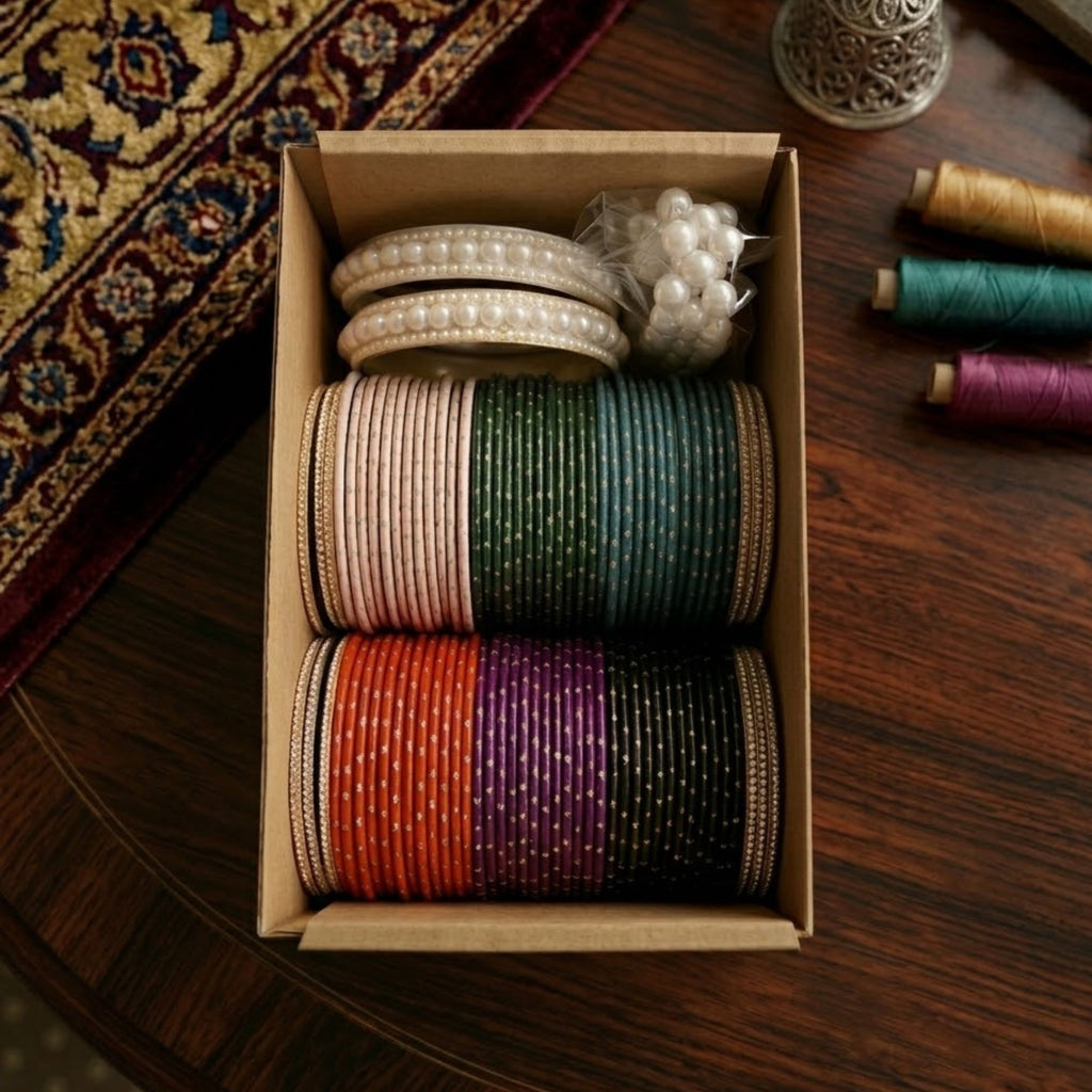 Multi-Color Velvet Pearl Bangle Set for Women – Single Hand Combo Box