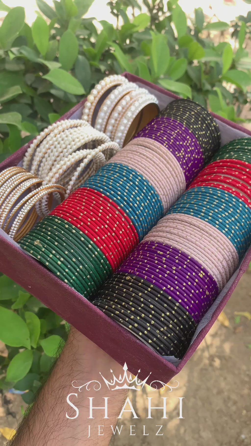 Multi-Color Velvet Pearl Bangle Set for Women – 2 Hands Combo Box